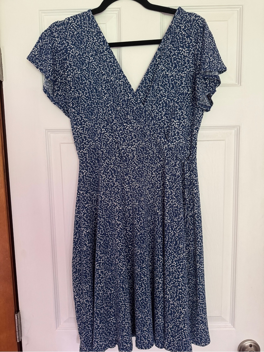 Kaileigh Navy Blue V-Neck Flutter Sleeve Printed Dress